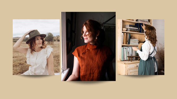 Three images show a woman in different settings: outdoors in a field wearing a linen white top, indoors by a window in a red linen top, and standing by a bookshelf in a white blouse and green linen apron.